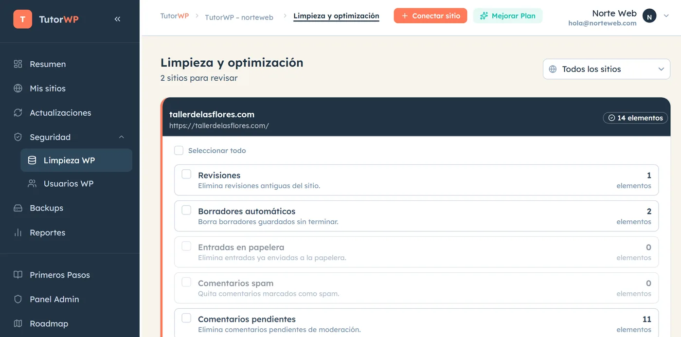 Pantalla de limpieza y optimización de TutorWP con revisiones, borradores y comentarios spam por sitio