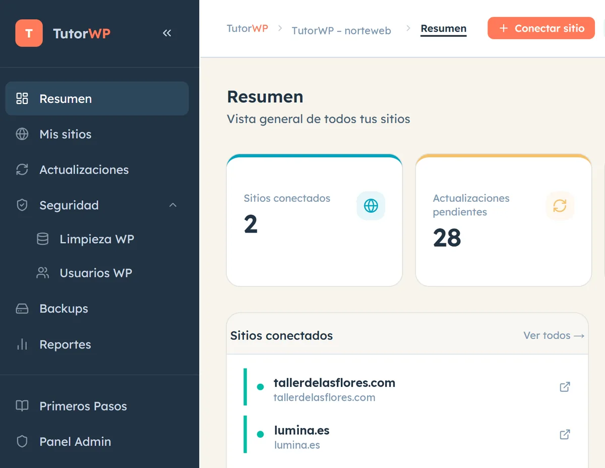 Panel de TutorWP con los sitios conectados, las actualizaciones pendientes y las alertas de seguridad